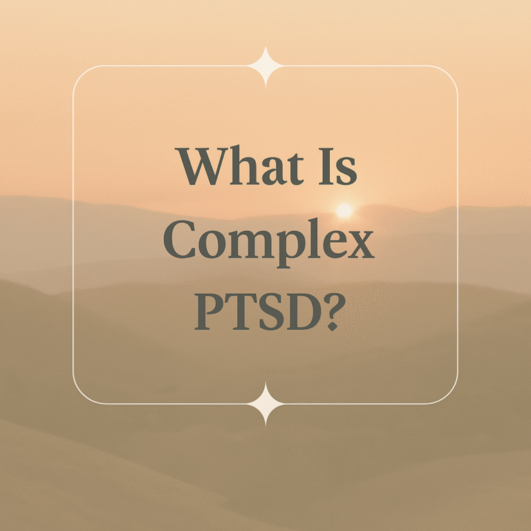 Graphic with the text What Is Complex PTSD?’ over a peaceful sunset landscape.